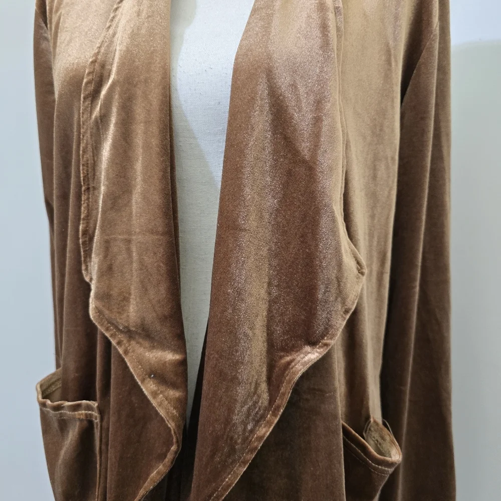 HIPSTER ROW size XL Draping Open Front Velour Cardigan Front Patch Pockets Brown